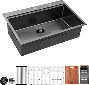 Lordear 33 Inch Black Kitchen Sink - Durable Drop In Design