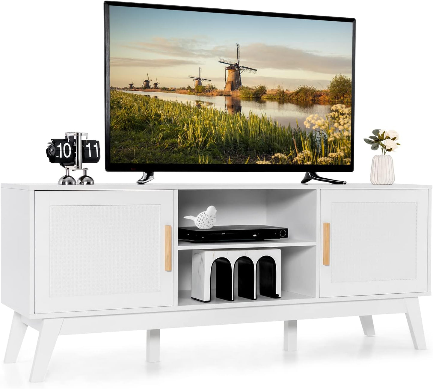 Modern White TV Stand for 65 TVs - Adjustable Shelf, Cabinets, Cable Holes