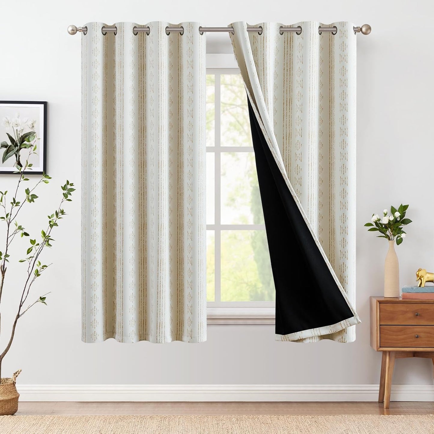 95% Blackout Boho Curtains for Bedroom - Beige Geometric Design