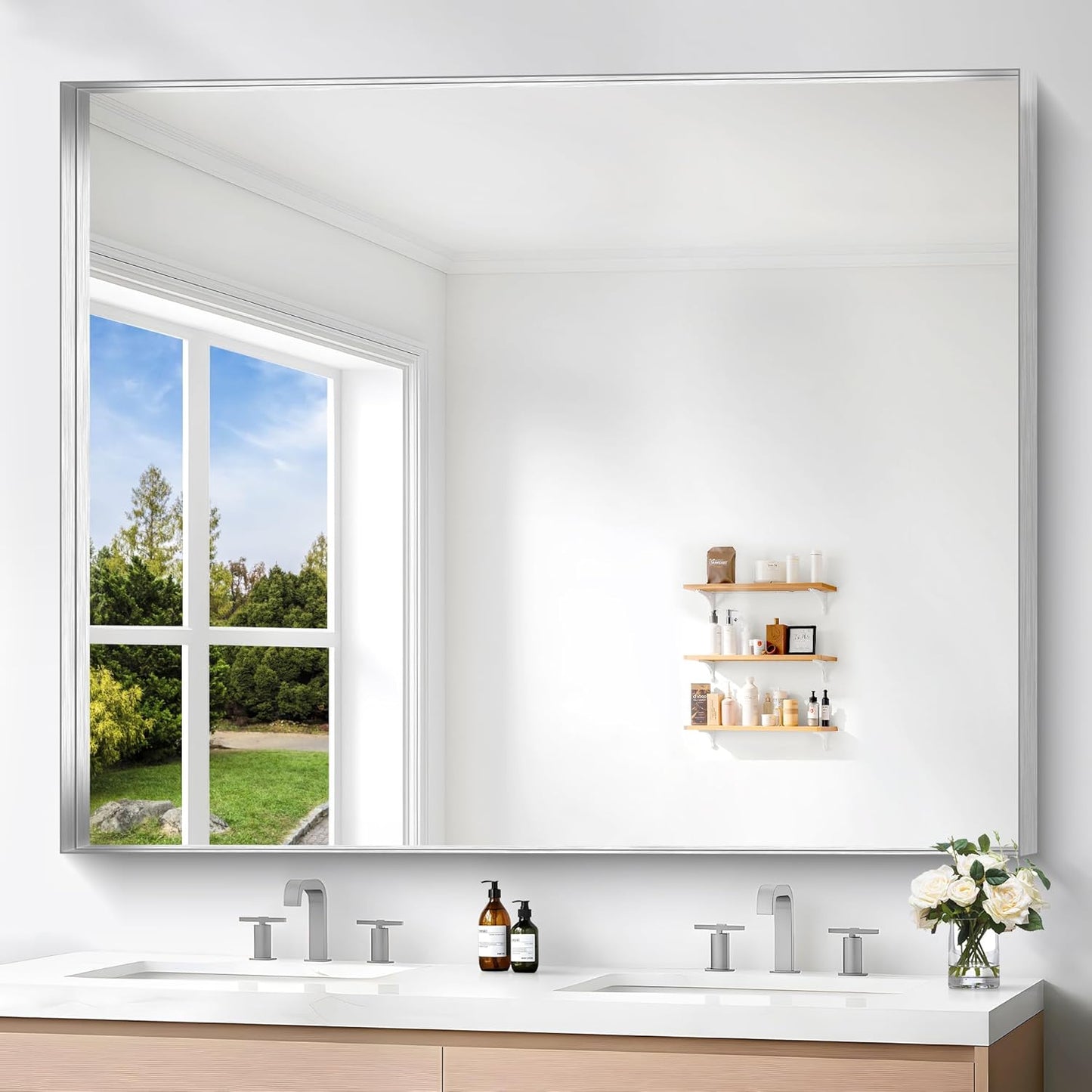 Silver Bathroom Mirror 40x48 Inch Rectangular Framed Design