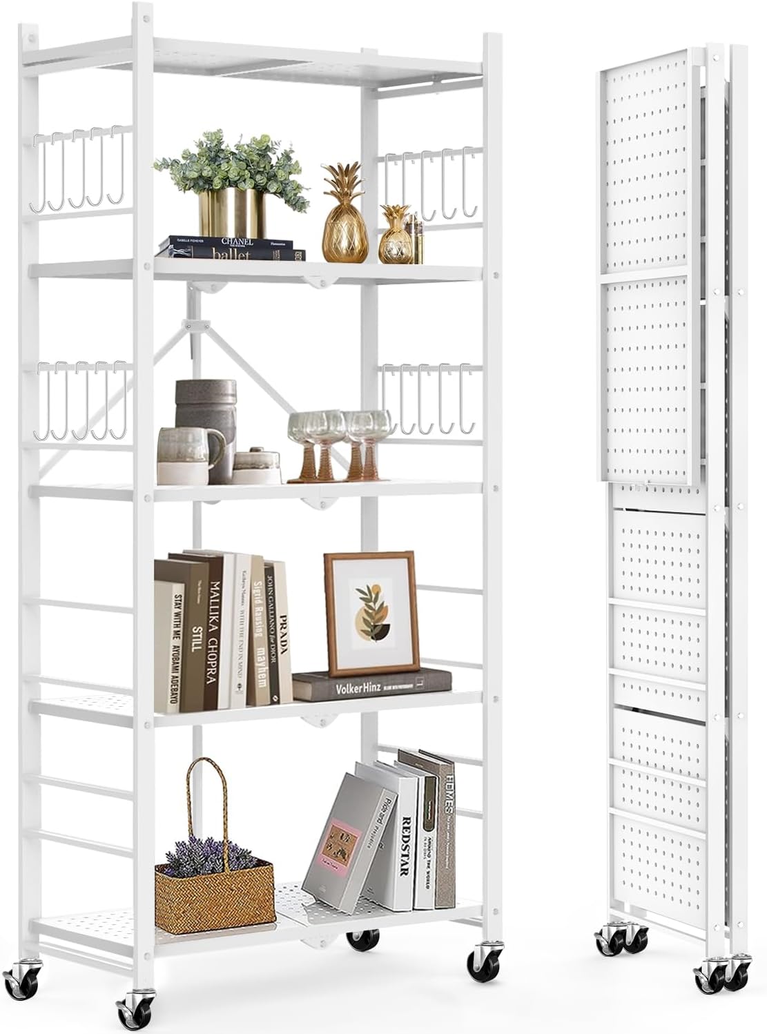 Himix 5-Tier Storage Folding Shelf with Wheels and Hooks