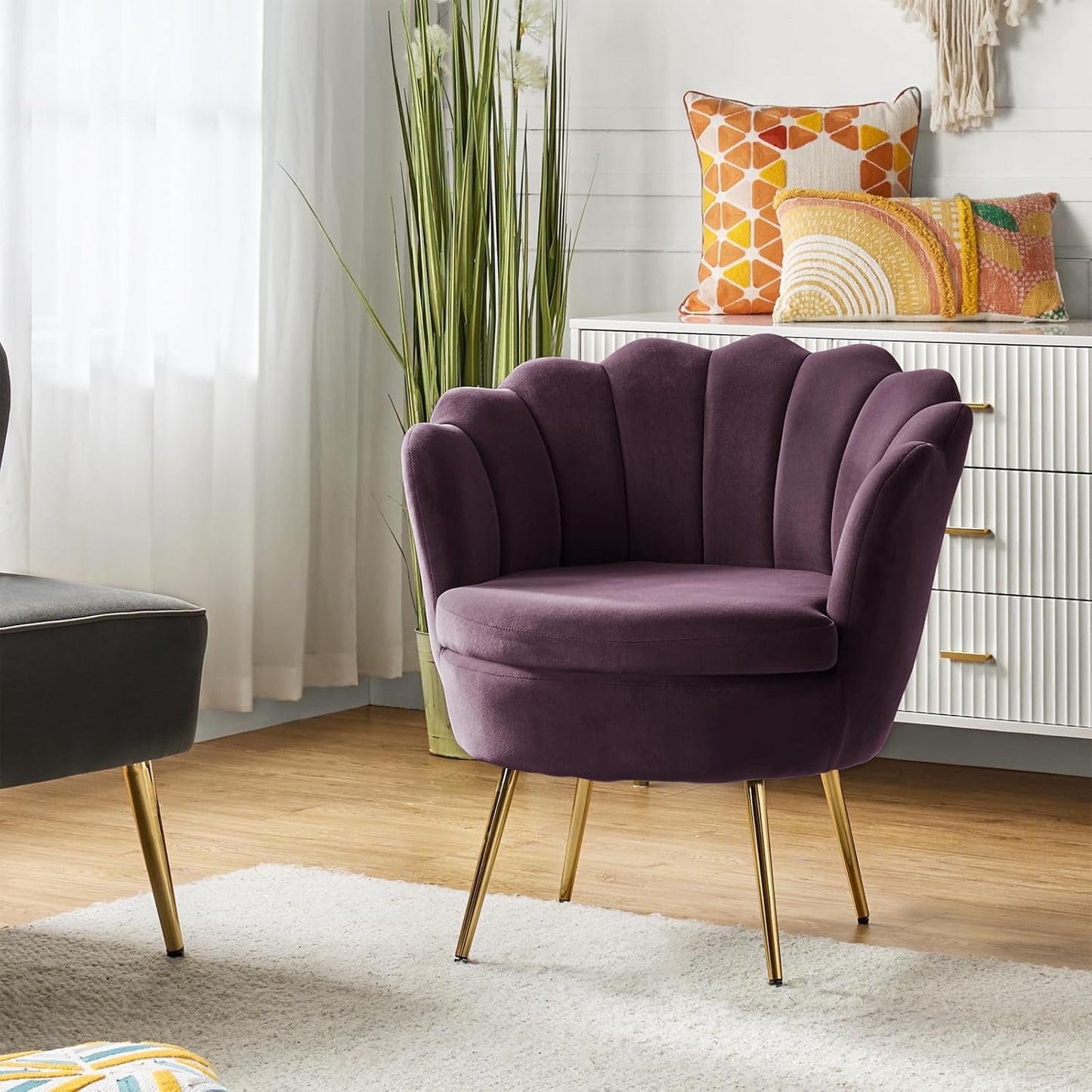 Chic Velvet Armchair with Gold Legs, Purple Glam