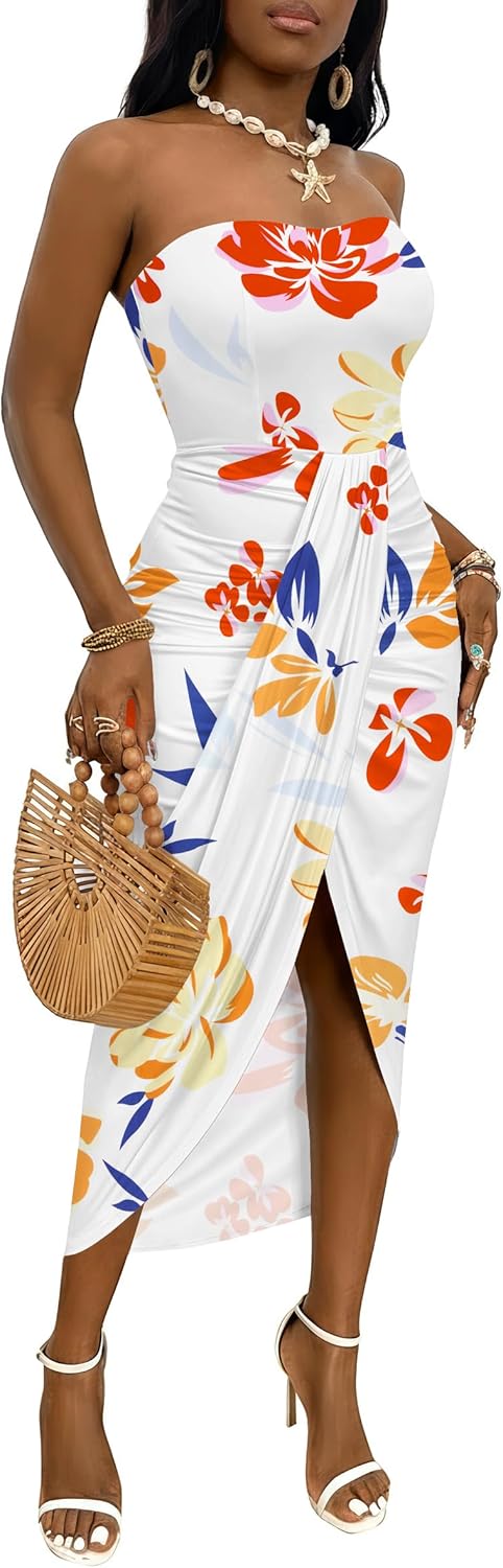 Umenlele Women's Strapless Ruched High Waist Maxi Beach Dress