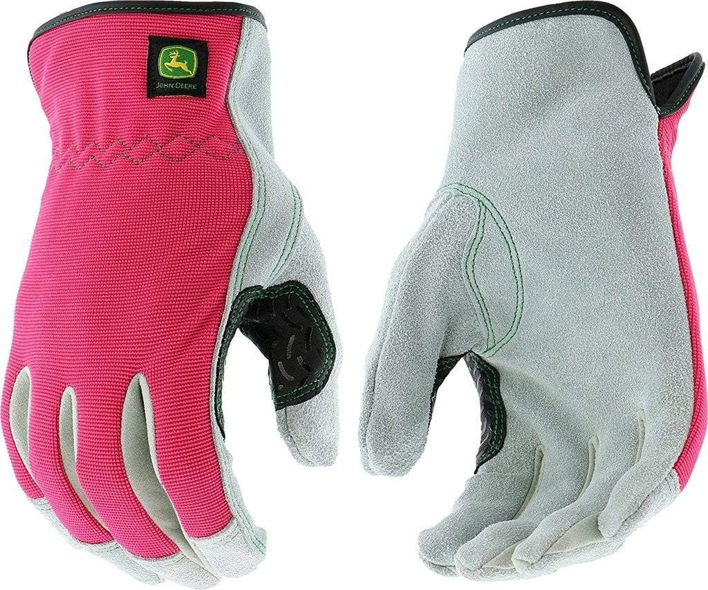 John Deere Women's Pink & Black Leather Work Gloves