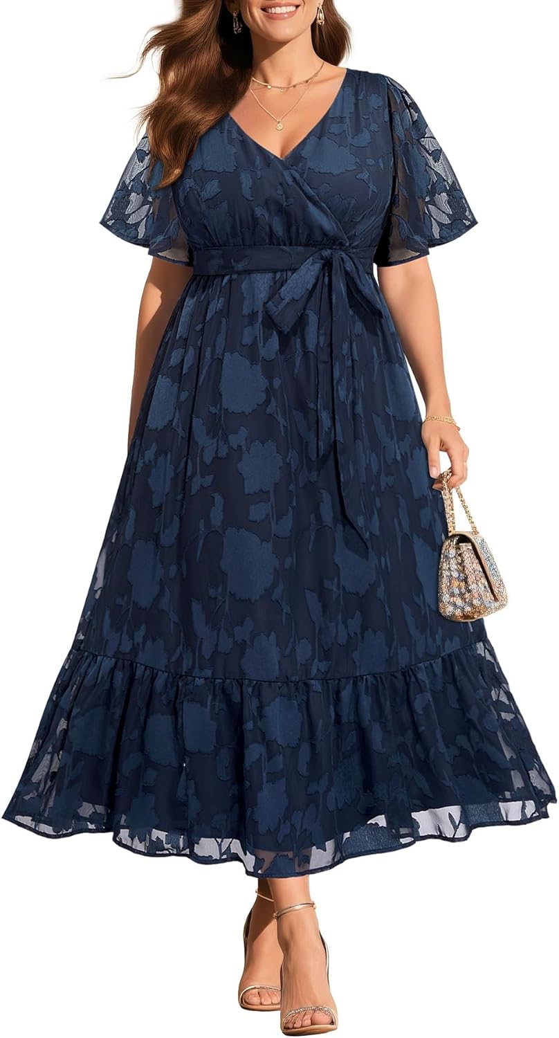 Plus Size Wrap V Neck Maxi Dress for Wedding Guests and More