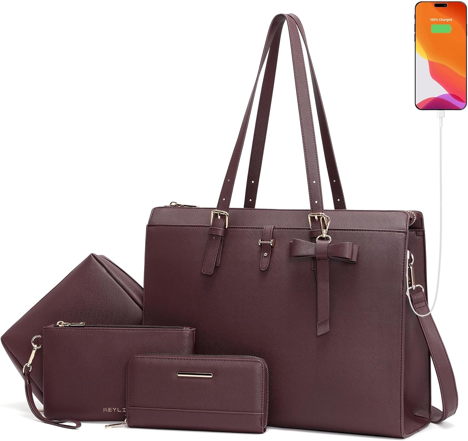 Keyli 4pc Laptop Bag Set for Women with USB Charging Port