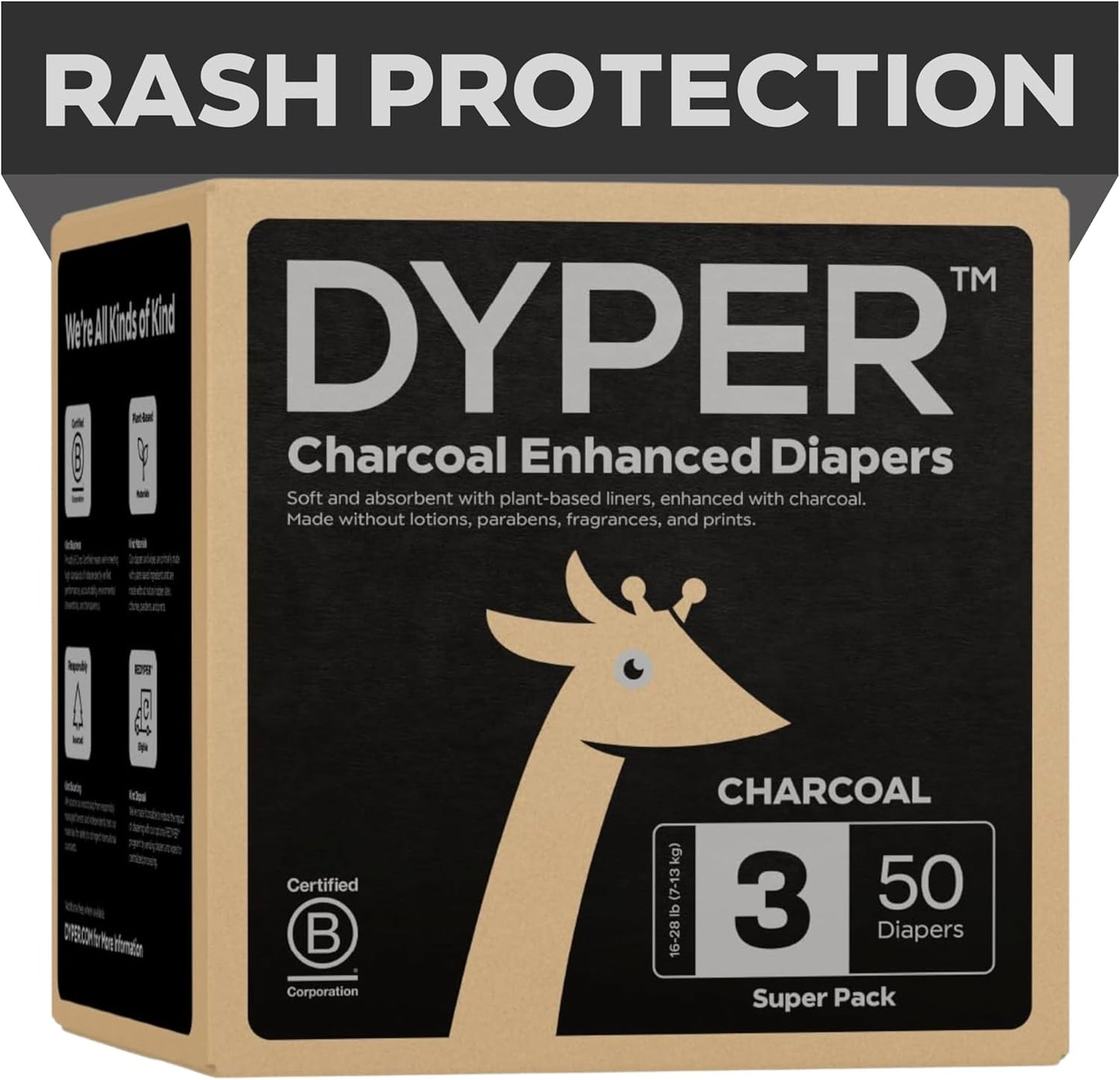 DYPER Charcoal Enhanced Diapers for Sensitive Skin - Size 3