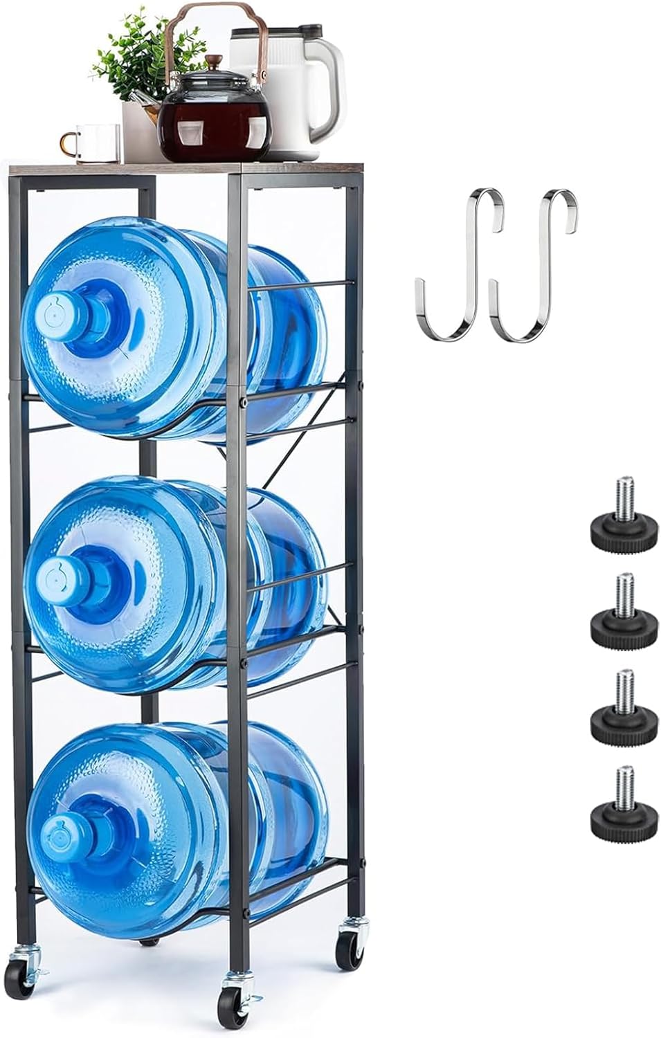 5 Gallon Water Jug Holder - 3-Tier Rack with Wheels for Stability
