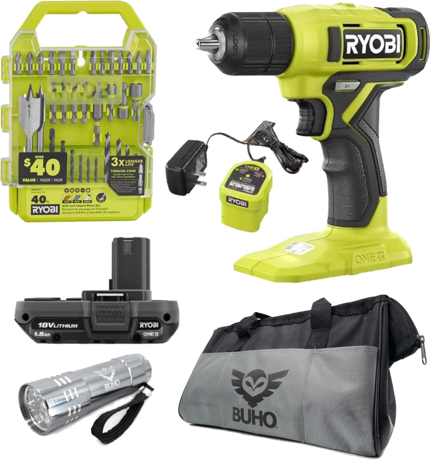 Ryobi 18V Cordless Drill Set Bundle with 40 Piece Drill Bits