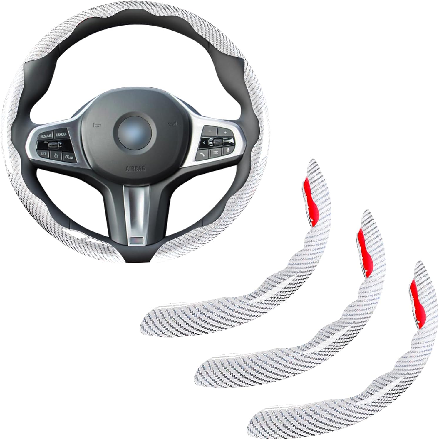 Car Steering Wheel Cover Set Bright Carbon Fiber Wrap Non-Slip