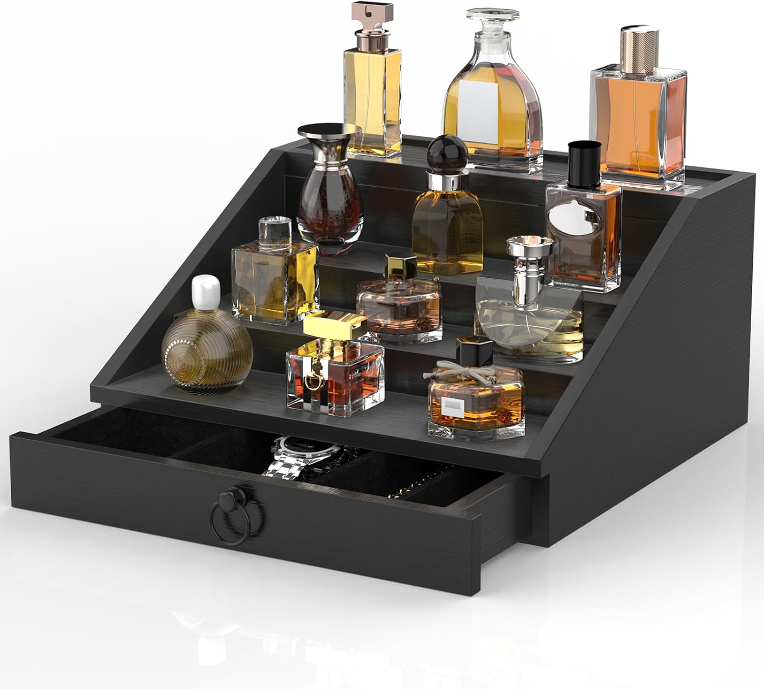 Wooden Cologne Organizer for Men with Hidden Storage and Drawers
