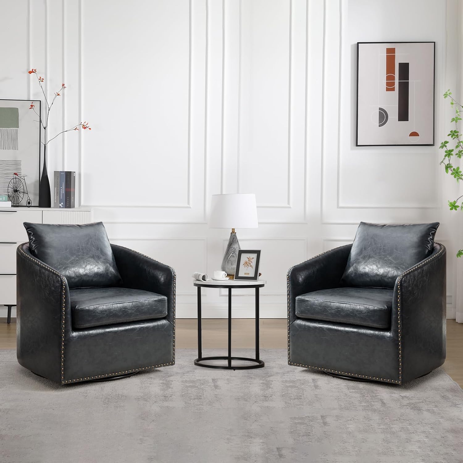 Vintage Swivel Accent Chairs x2 | Plump Pillow | Waterproof PU