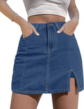 denim mini skort high waisted jean skirt with side slit - stretchy fit