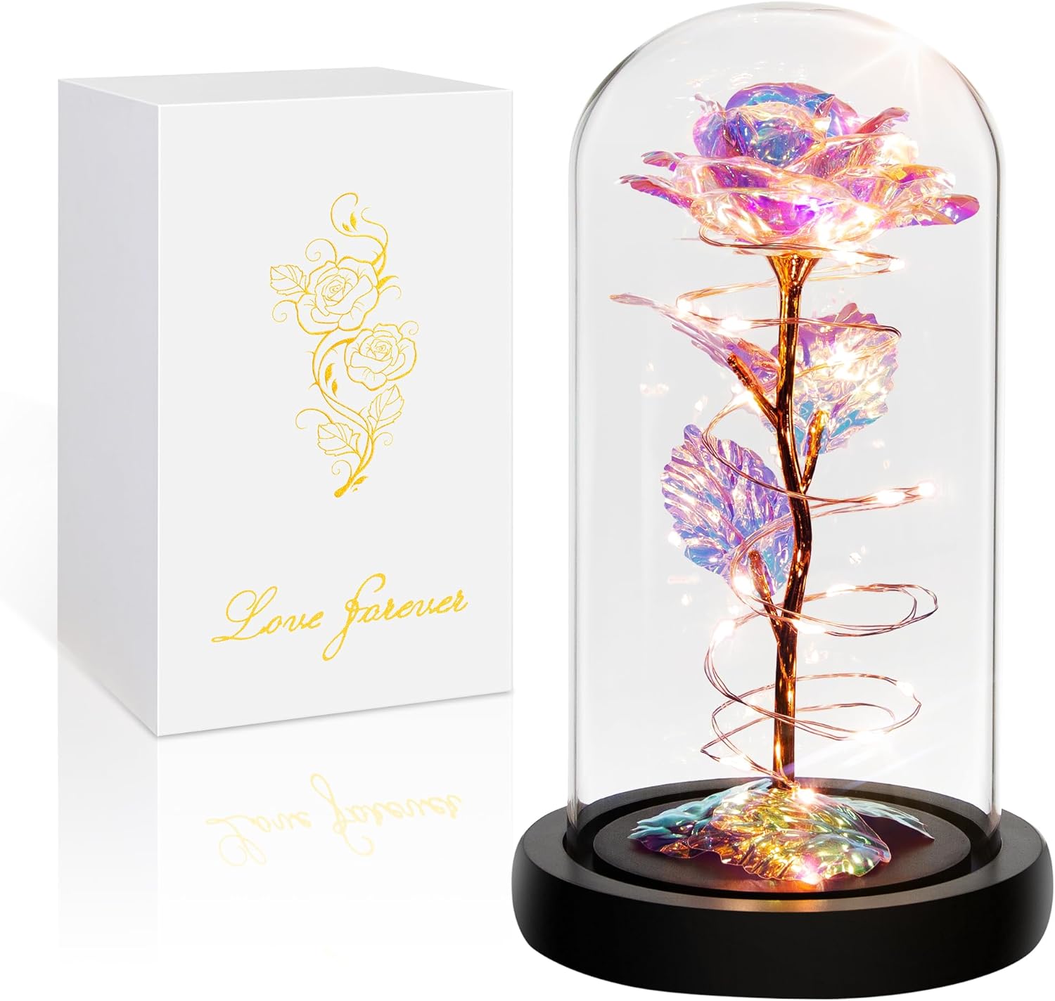 Rainbow Light Up Rose Dome - Unique Gift for Her