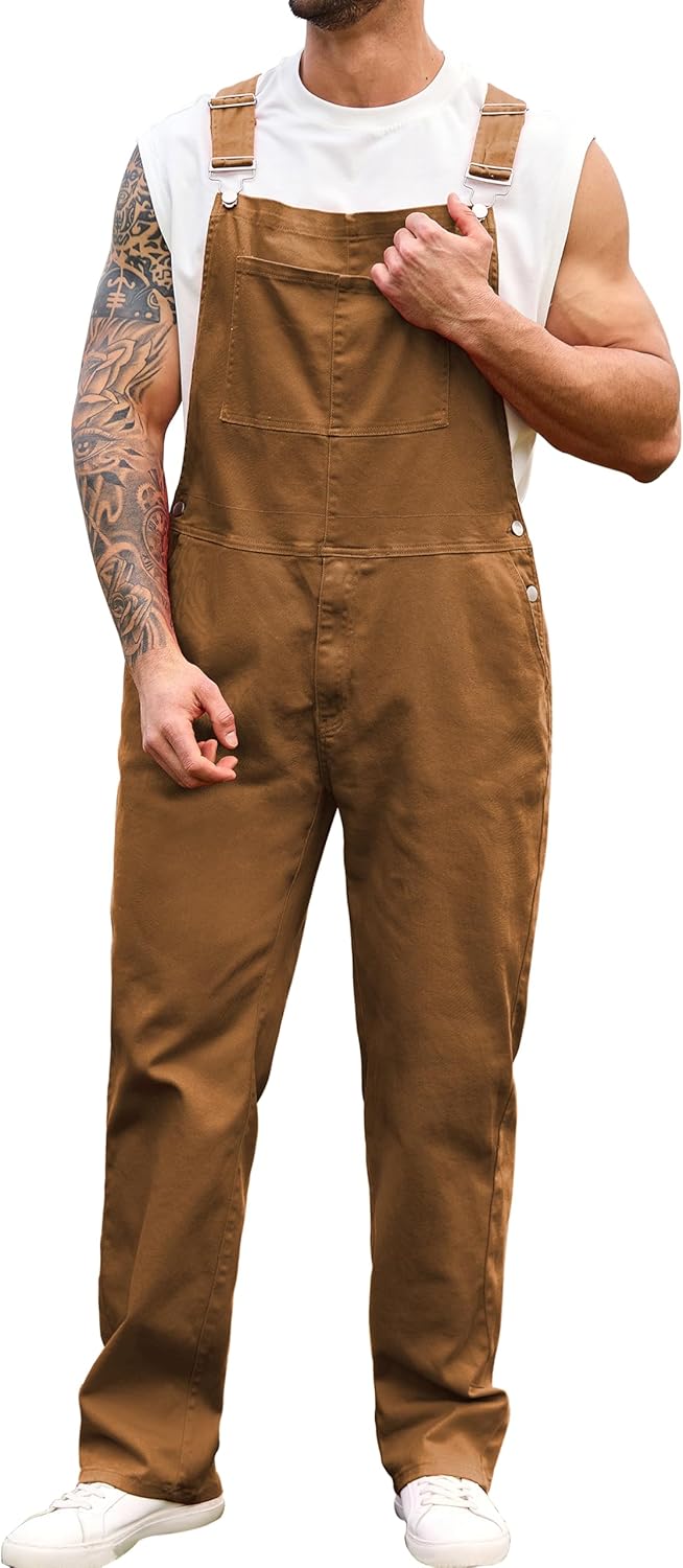 Brown Overalls for Men Fashion Utility Denim Jumpsuit with Pockets