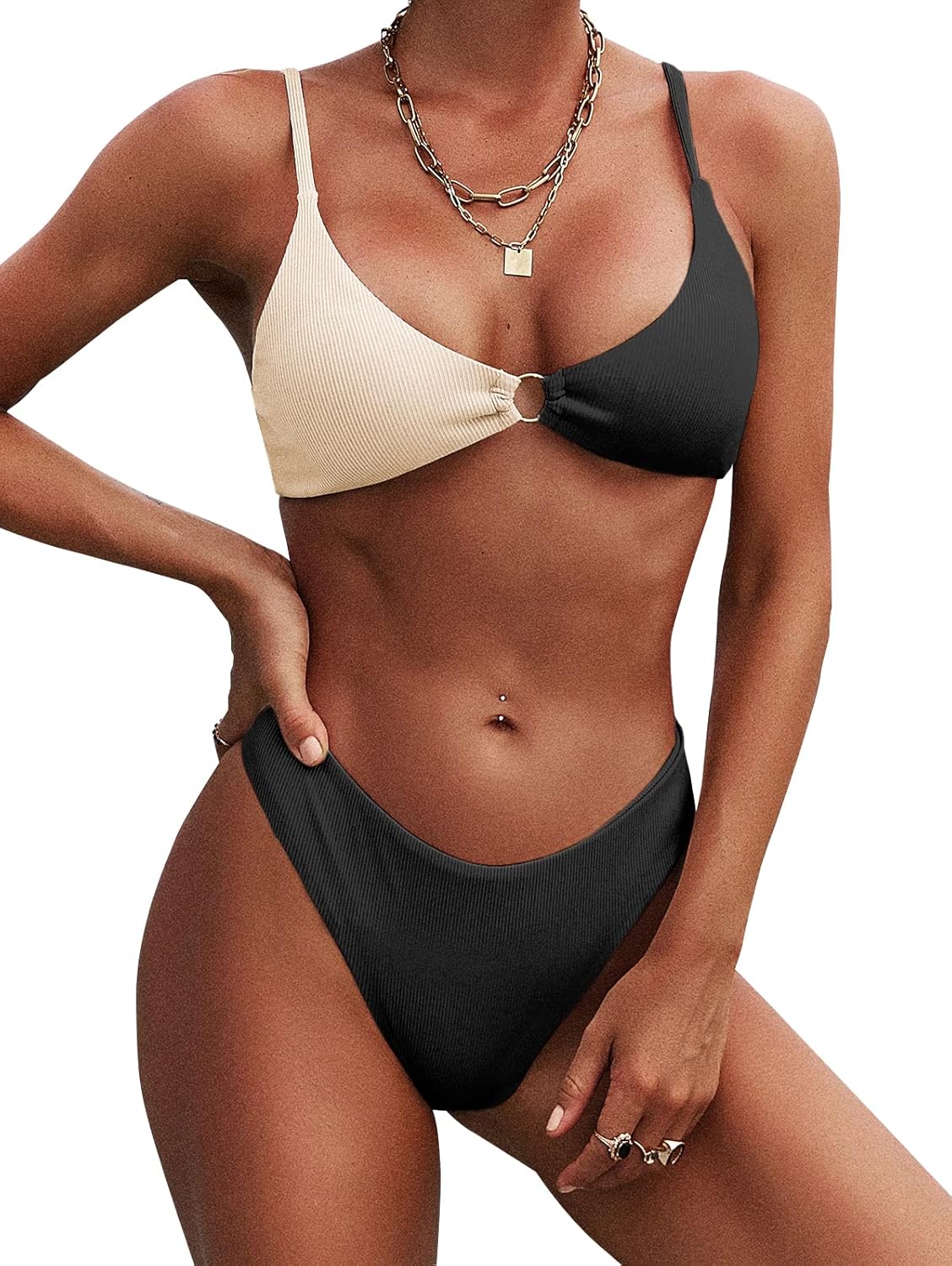 ZAFUL Women's Ribbed O-Ring String Bikini Swimsuit for Summer