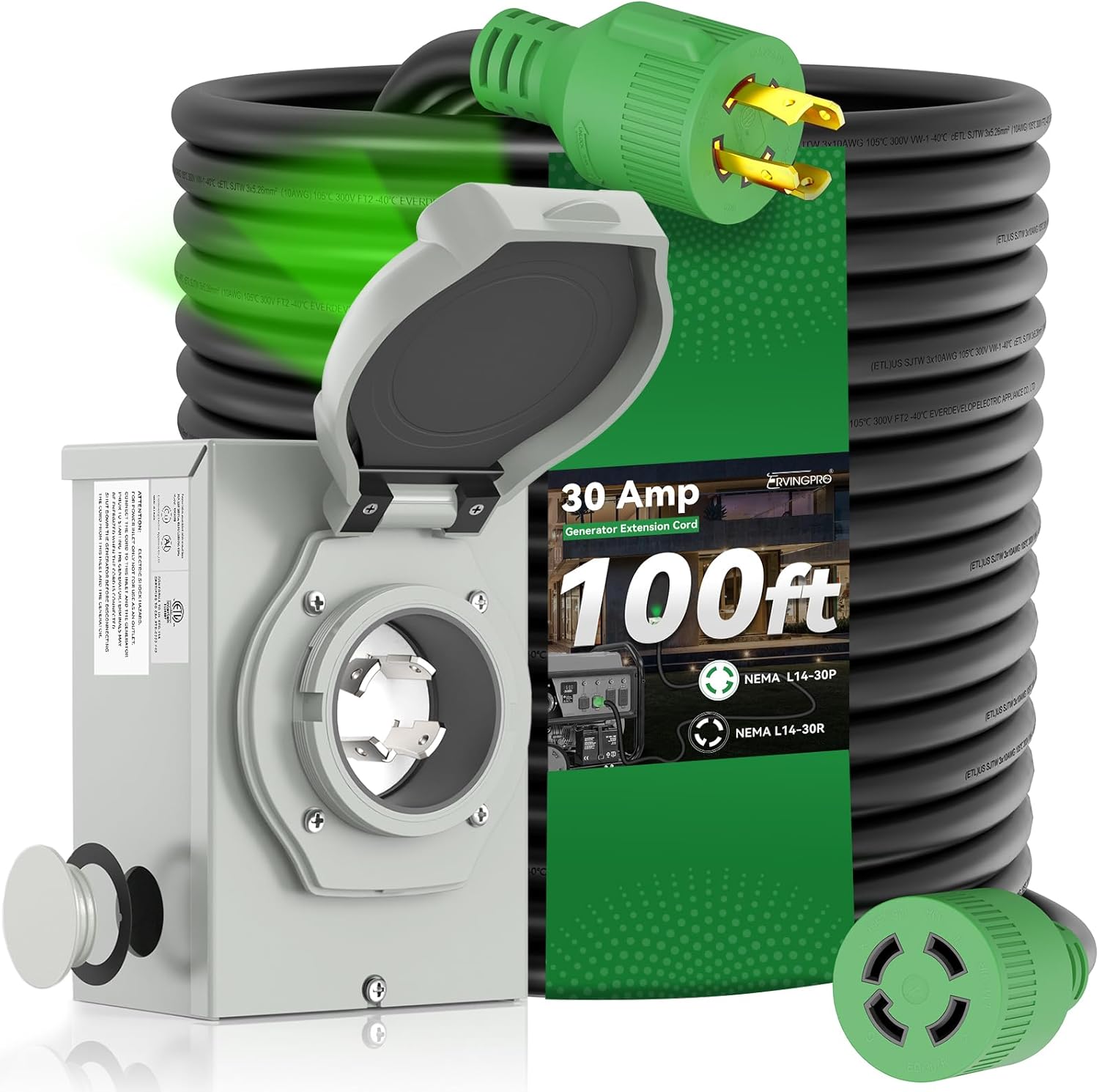30 Amp Generator Cord 100FT with Pre-Drilled Inlet Box Kit