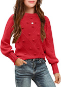 Kid Girls Crew Neck Lantern Sleeve Sweater with Pom Poms - Soft Knit