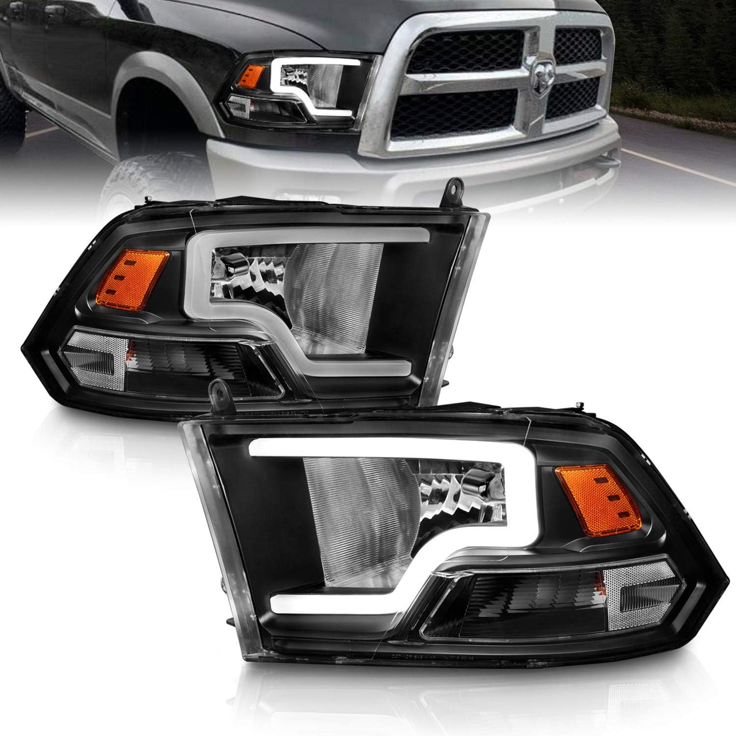 AmeriLite LED Bar Black Replacement Headlights for Dodge Ram