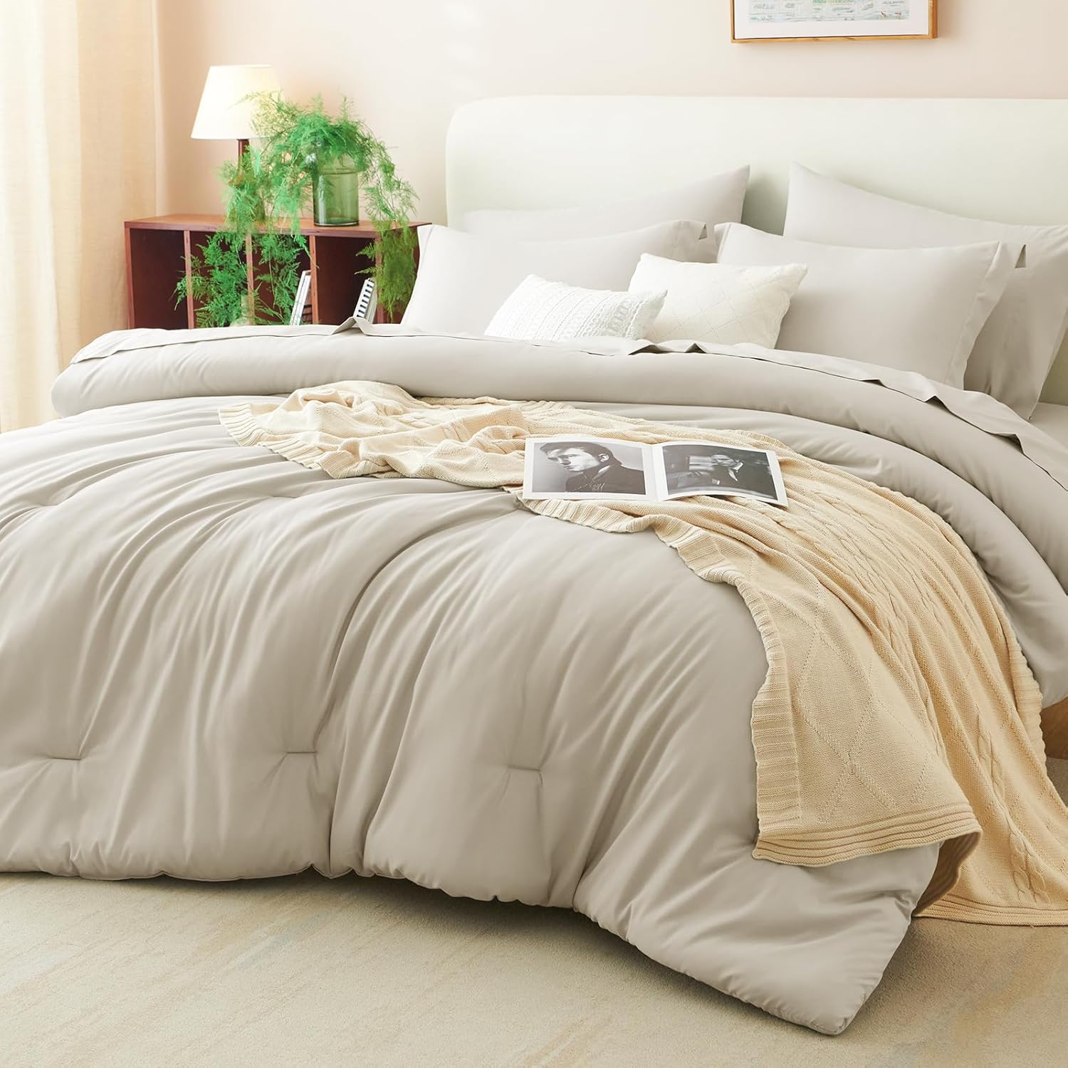 CozyLux King Comforter Set Beige - 7 Pieces Soft Bedding Set