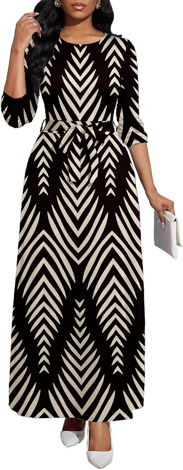 Long Dress for Women Casual Long Sleeve Maxi Dress with Belt