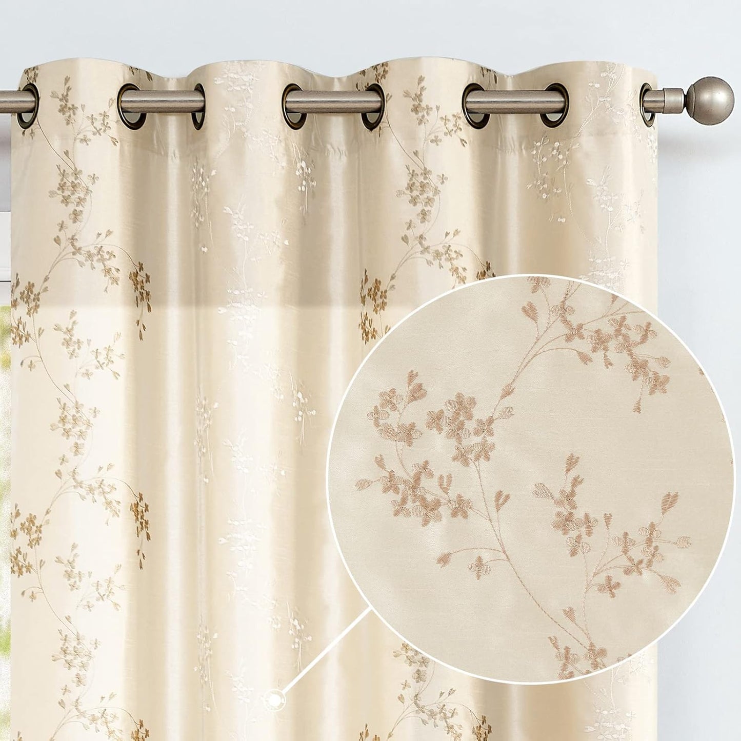 Light Gold Floral Embroidered Curtains - Set of 2