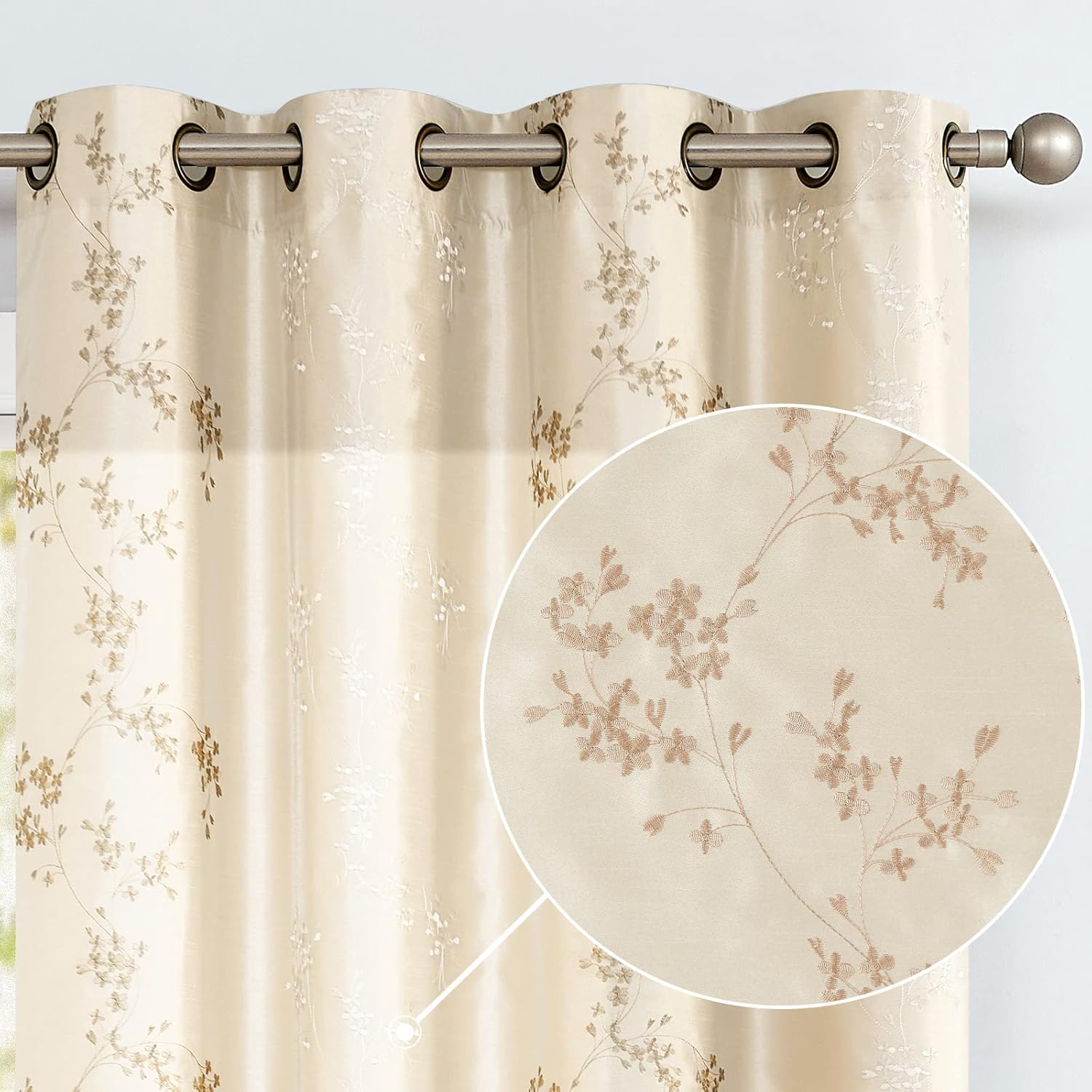Light Gold Floral Embroidered Curtains - Set of 2
