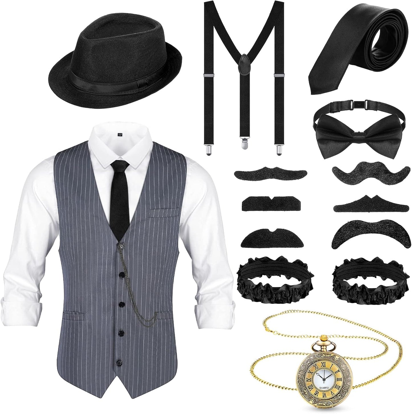1920s Mens Costume Outfit with Gangster Vest and Accessories