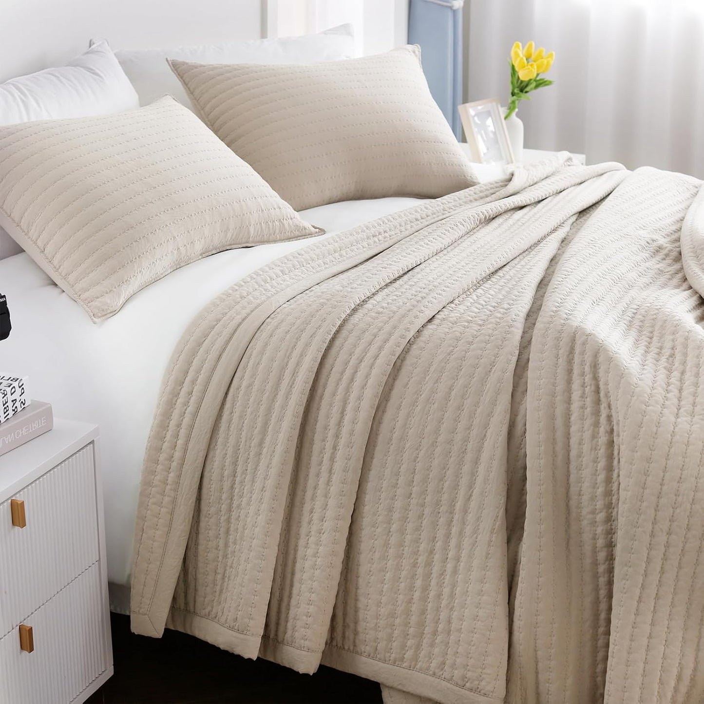 King Quilt Set 104x90 Soft Washed Lightweight Bedspread Camel