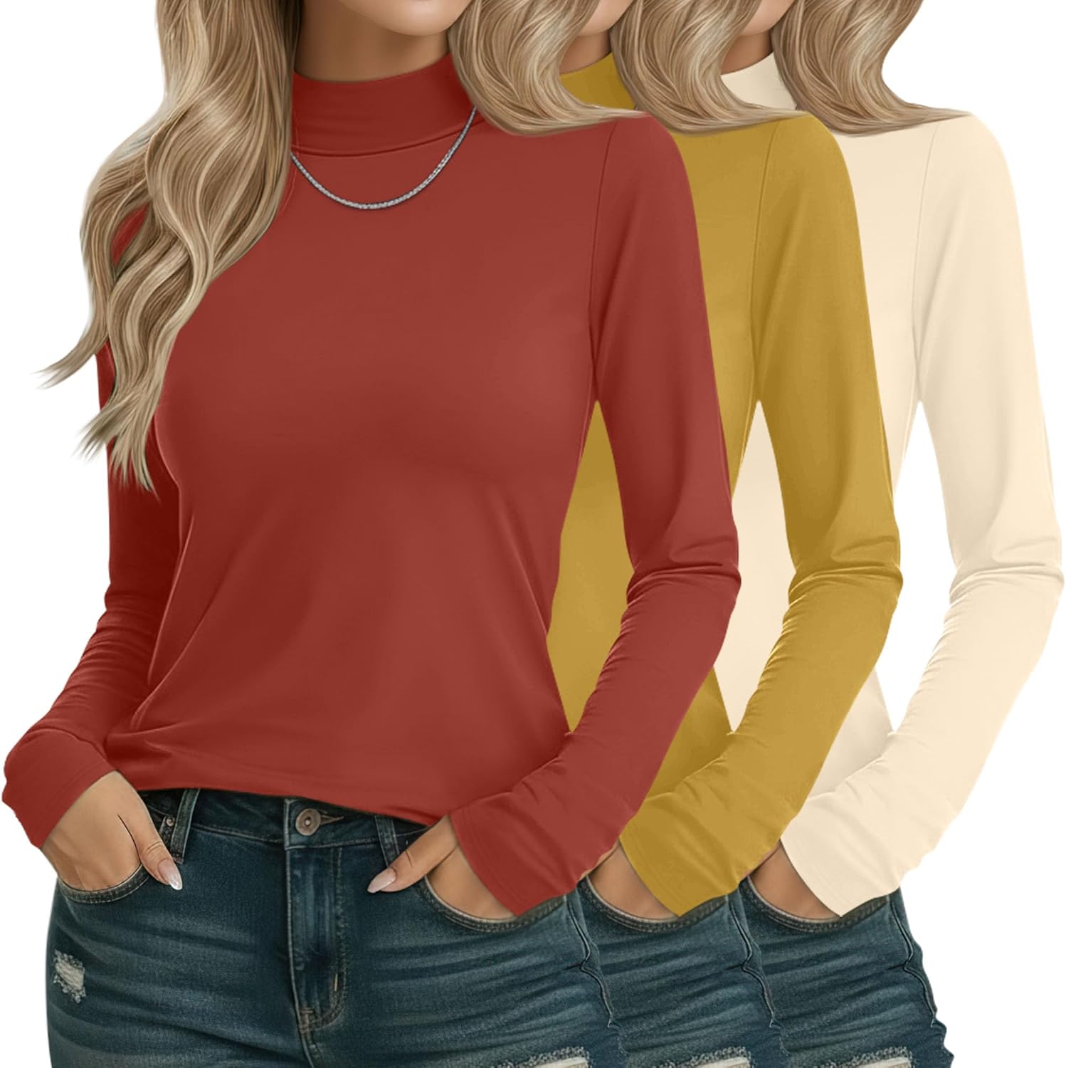 3 Pack Cotton Women's Mock Turtleneck Shirts for Casual Wear