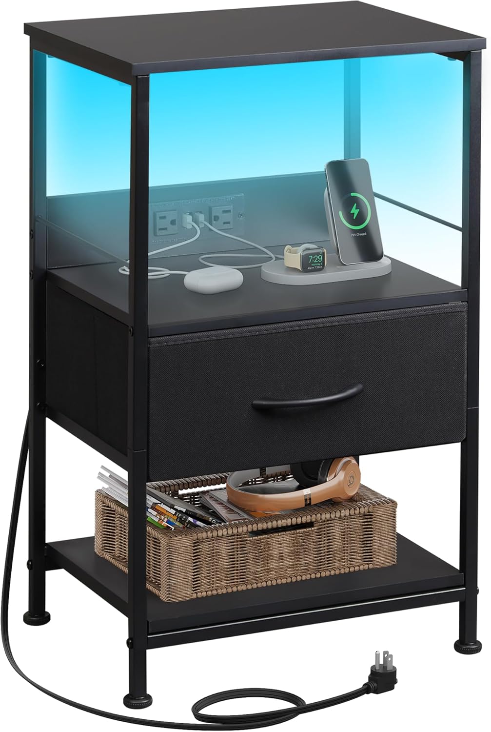 WLIVE Night Stand with Charging Station and LED Light Features