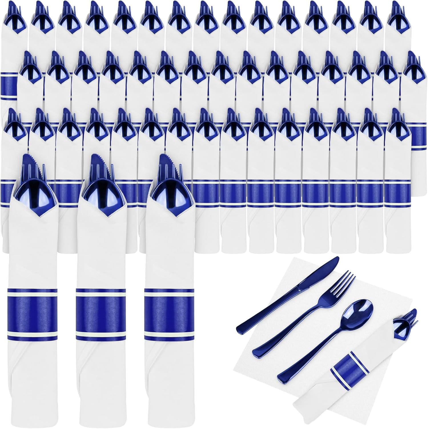 100Pack Blue Pre Rolled Plastic Silverware for Elegant Events