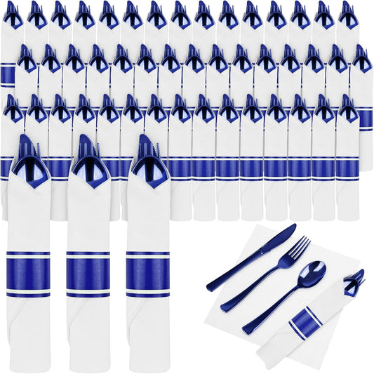 100Pack Blue Pre Rolled Plastic Silverware for Elegant Events