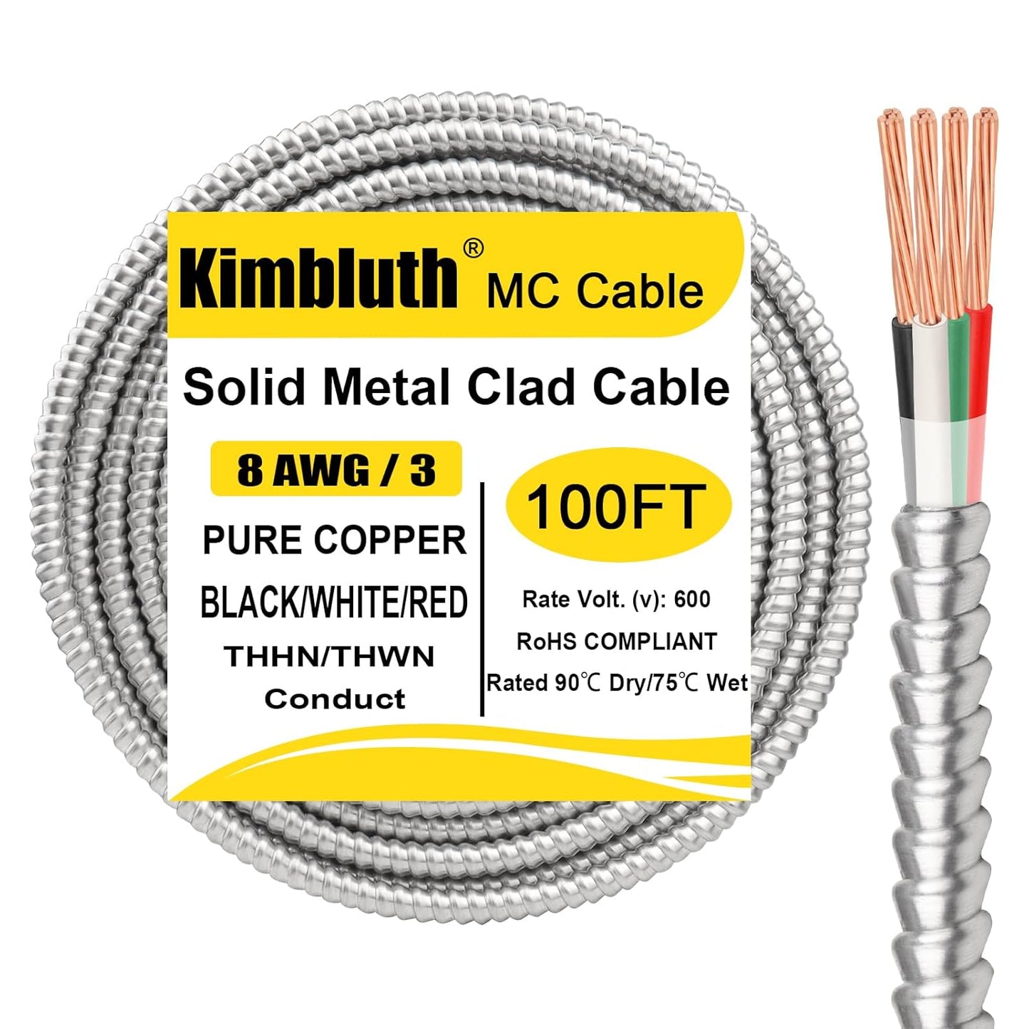 8/3 Metal Clad Cable with Ground 100ft for Indoor Outdoor Use