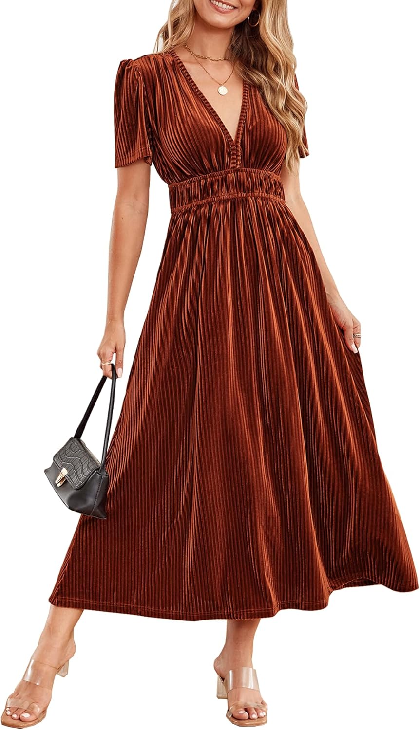 Sissyaki Women's Retro V-Neck Velvet Maxi Dress for Weddings