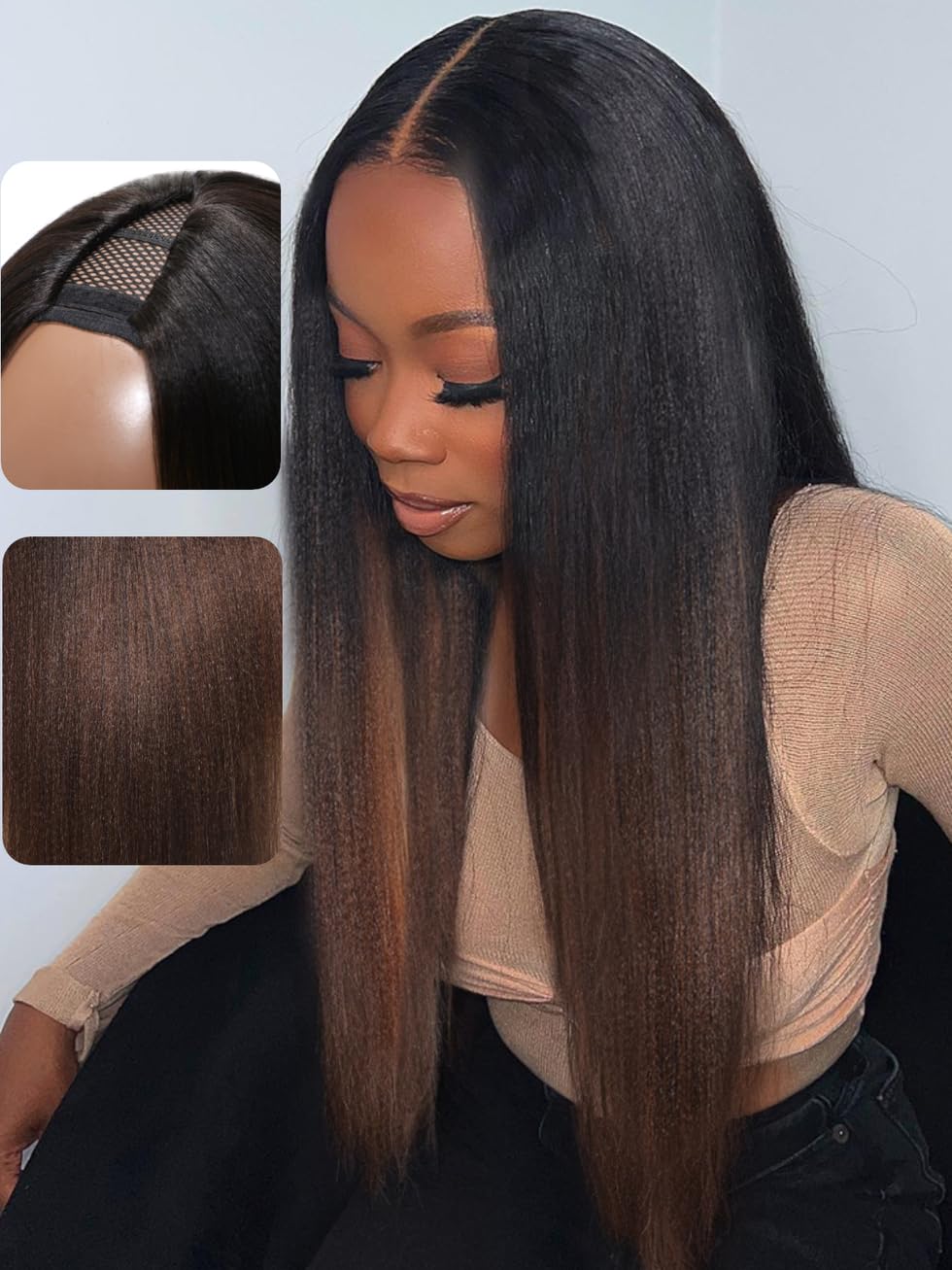 V Part Wigs Human Hair Yaki Straight Clip in for Beginners