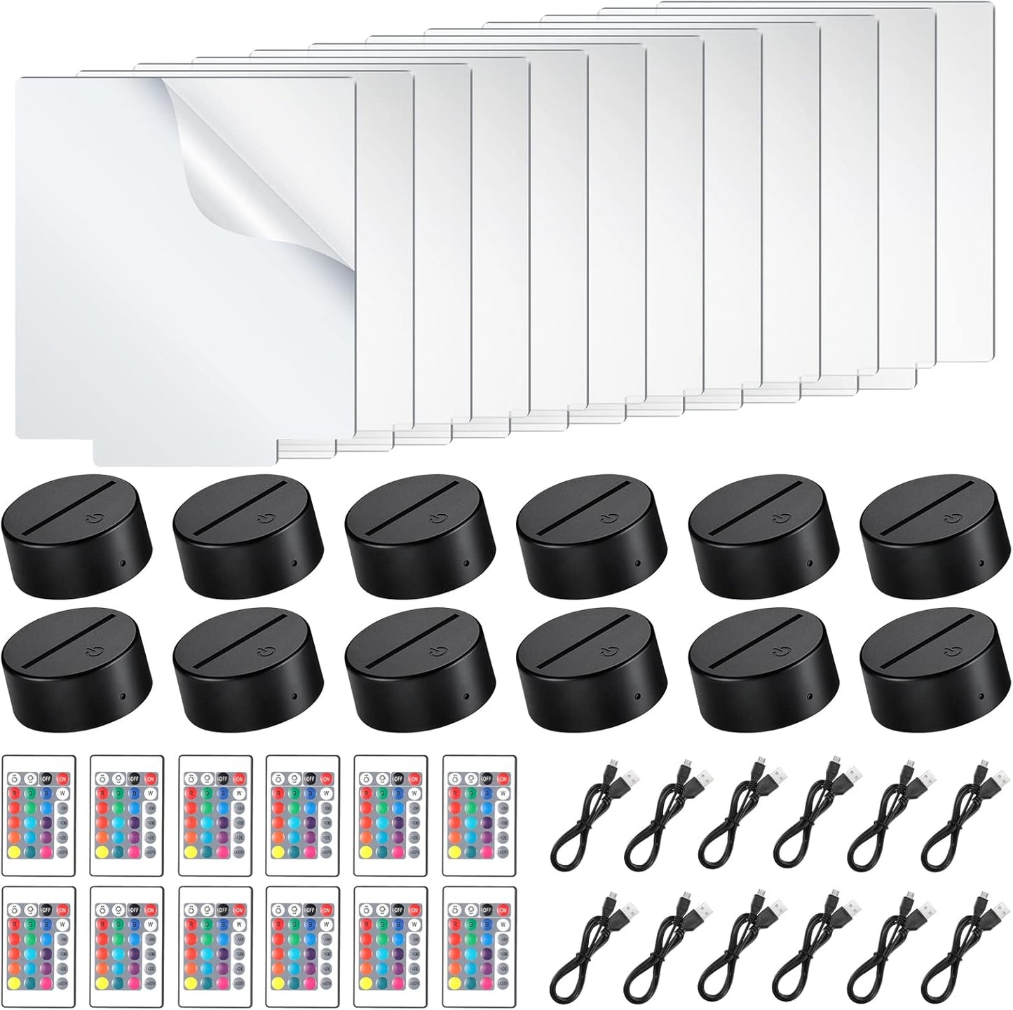 12 Pieces Clear Acrylic Sheets with 3D Night LED Lamp Base Set