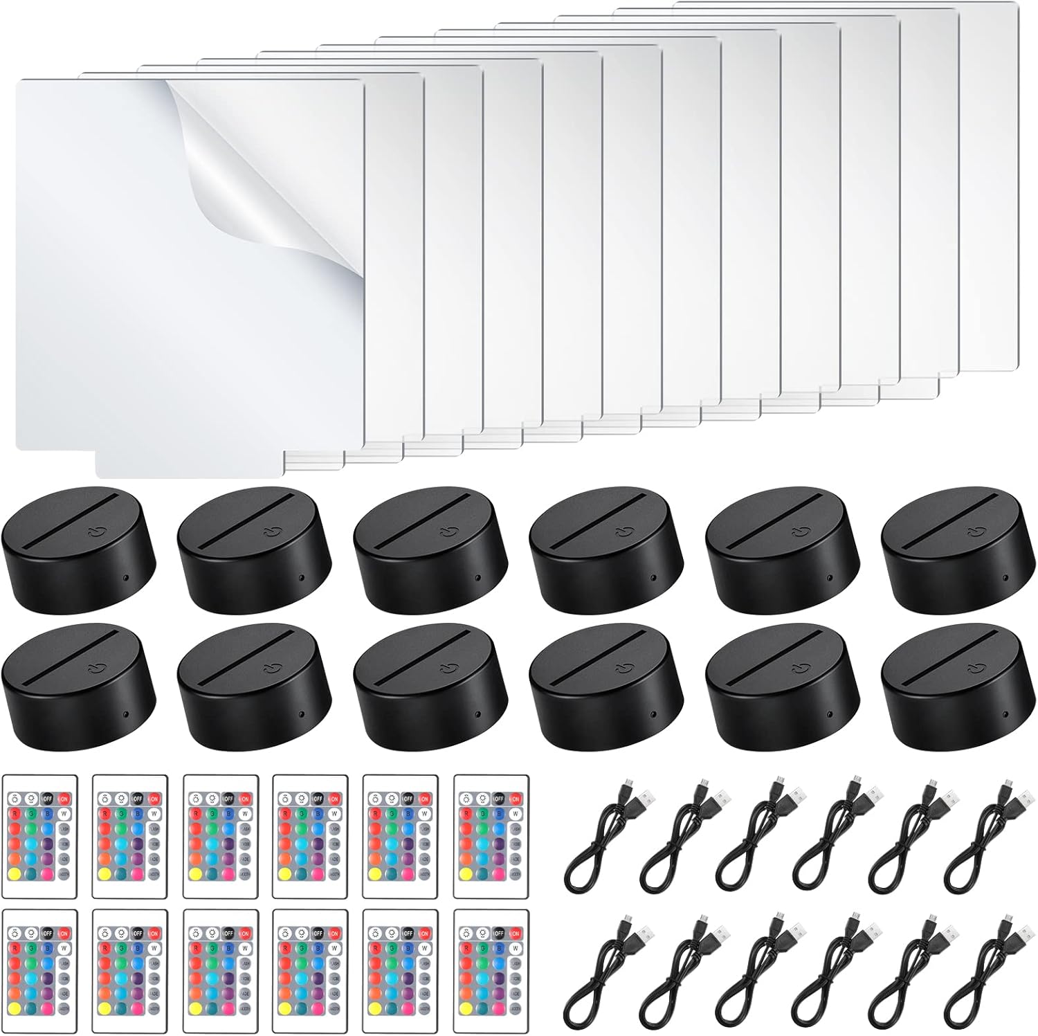12 Pieces Clear Acrylic Sheets with 3D Night LED Lamp Base Set