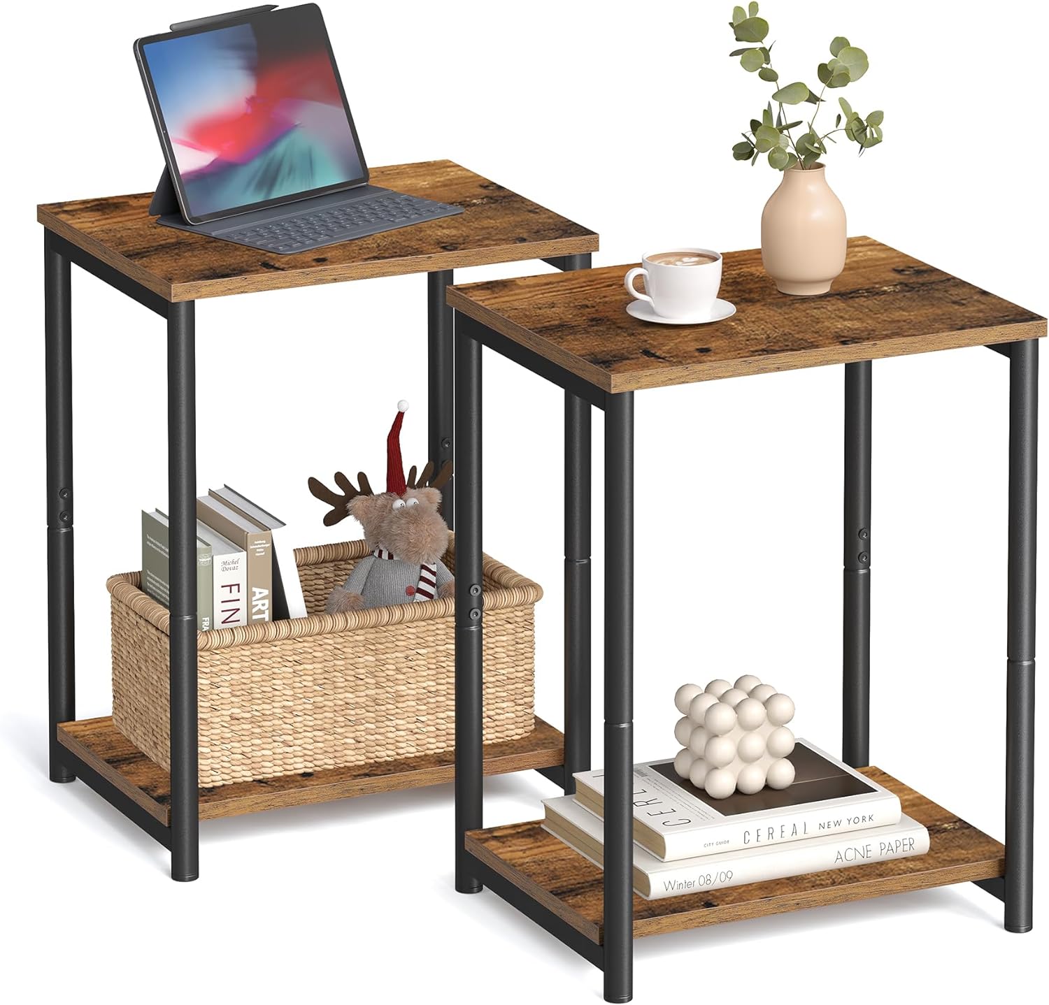 Rustic Brown & Black Side Tables Set