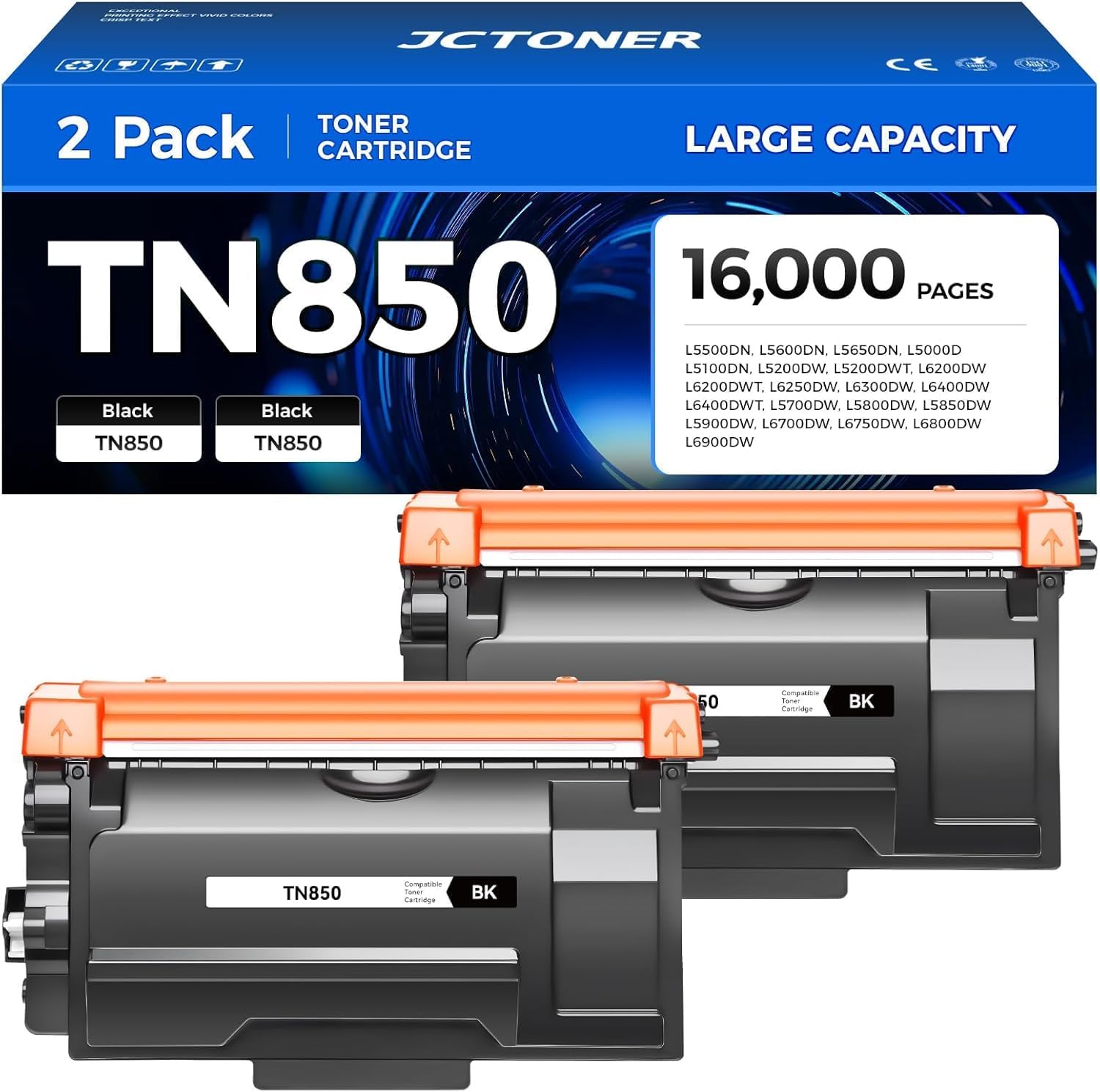 High Yield TN850 Black Toner Cartridge 2-Pack for Brother Printers