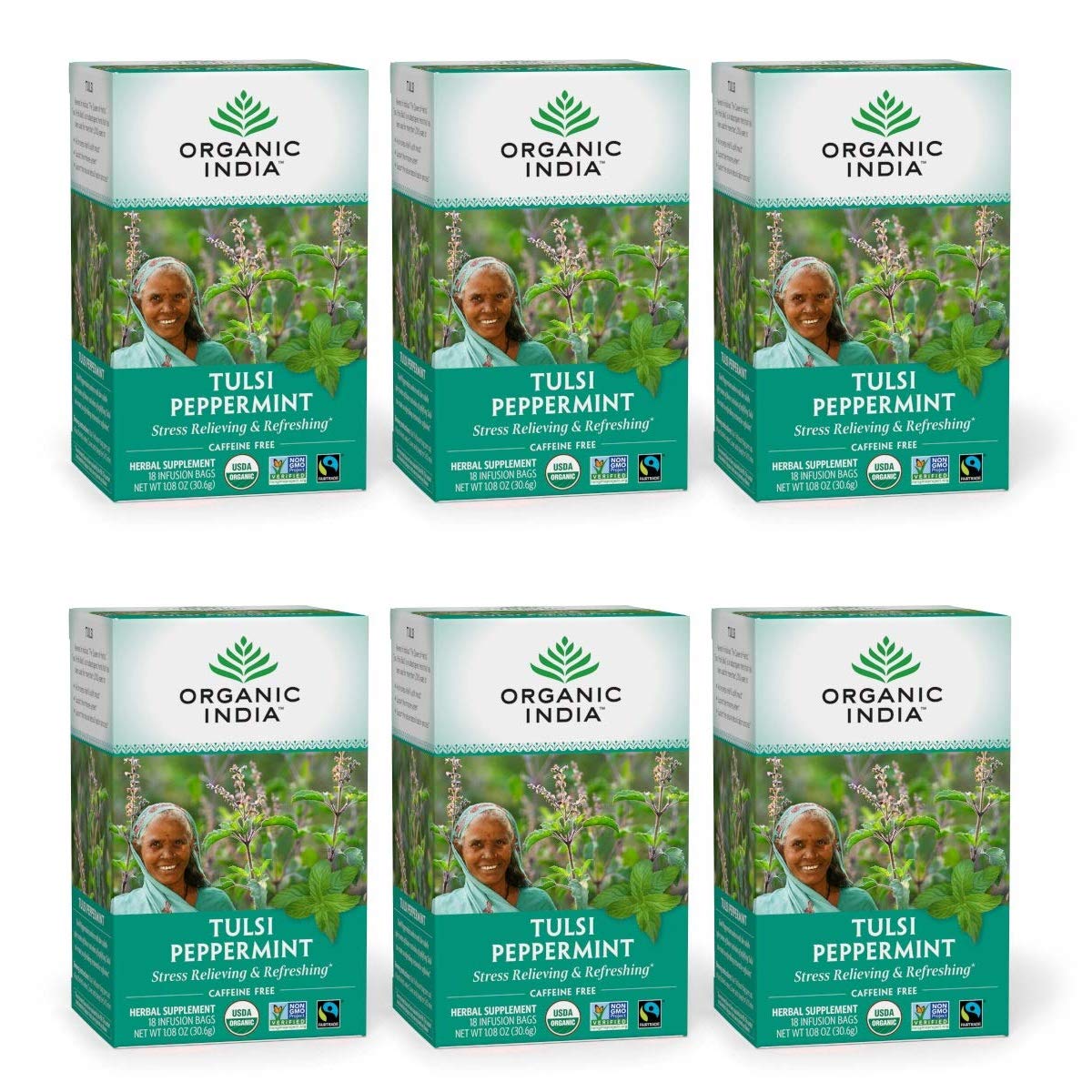 Organic India Tulsi Peppermint Tea - Caffeine Free Herbal Blend