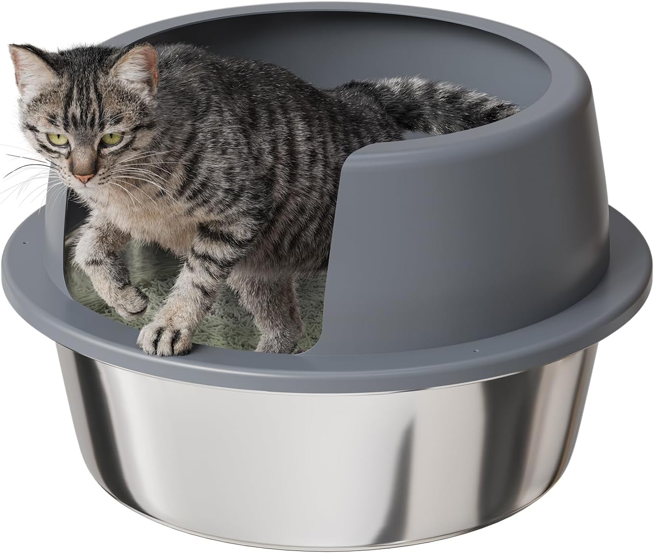 Round High-Sided Stainless Steel Cat Litter Box for Comfort