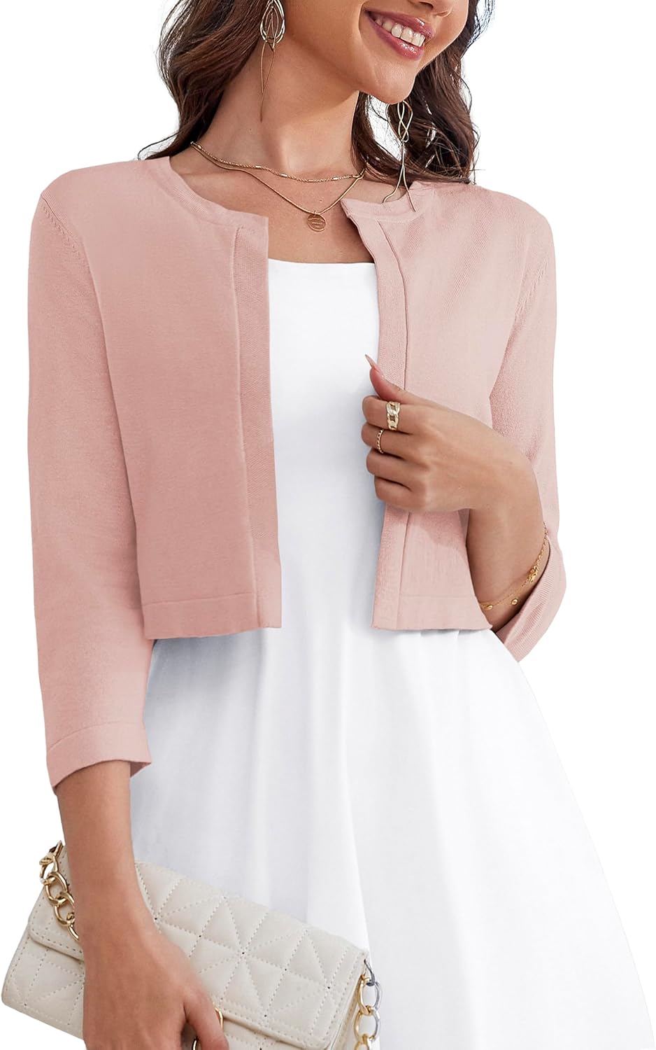 OmicGot Women's 3/4 Sleeve Open Front Knit Cropped Cardigan