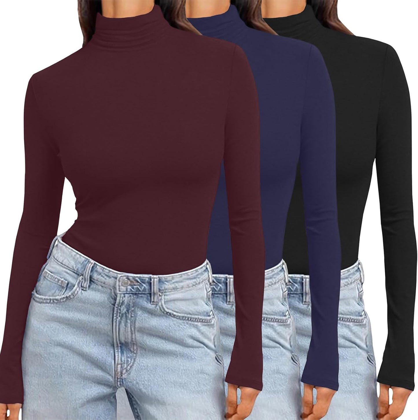 Ekouaer Women's 3 Pack Turtleneck Long Sleeve Shirts for All Occasions
