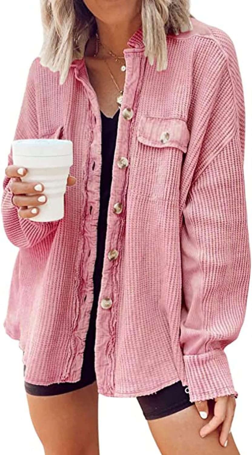 Oversized Waffle Knit Shirt for Women - Trendy Fall Shacket
