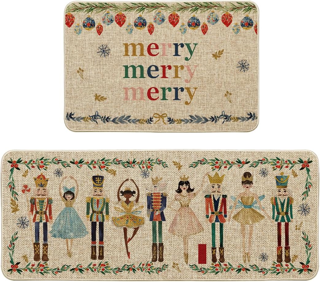 Watercolor Nutcrackers Decorative Kitchen Mats Set of 2 for Home