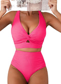 Textured Women's Twist Front Bikini Set - Flattering High Waist