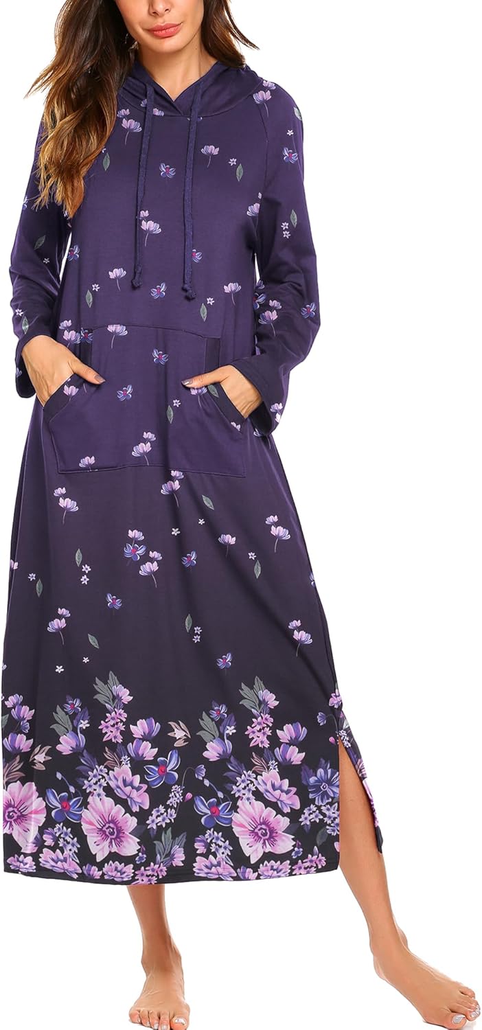 Ekouaer Cotton Nightgown for Women with Hood and Pockets
