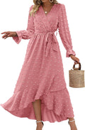 Long Sleeve Maxi Dresses for Women V Neck Swiss Dot Boho - Flowy Fall
