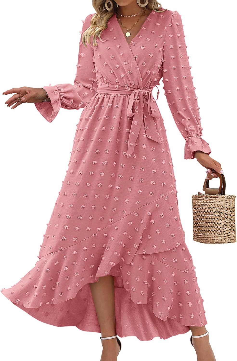 BTFBM Long Sleeve Maxi Dresses for Women with Swiss Dot Style